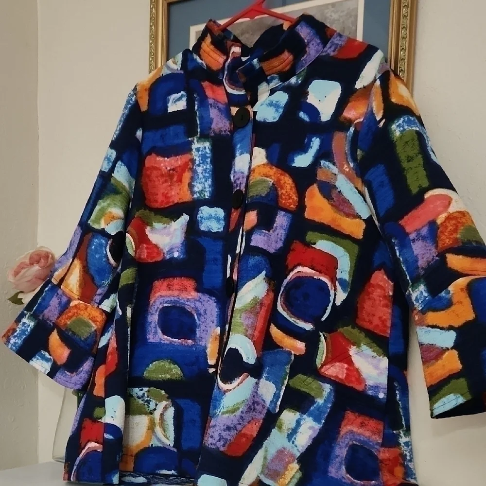Ali Miles Colorful Abstract Patterned Coat Bell Sleeve Career Artsy Contemporary